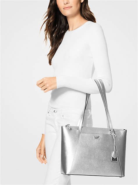 michael kors maddie medium crossgrain leather tote|Maddie Medium Metallic Crossgrain Leather Tote Bag .